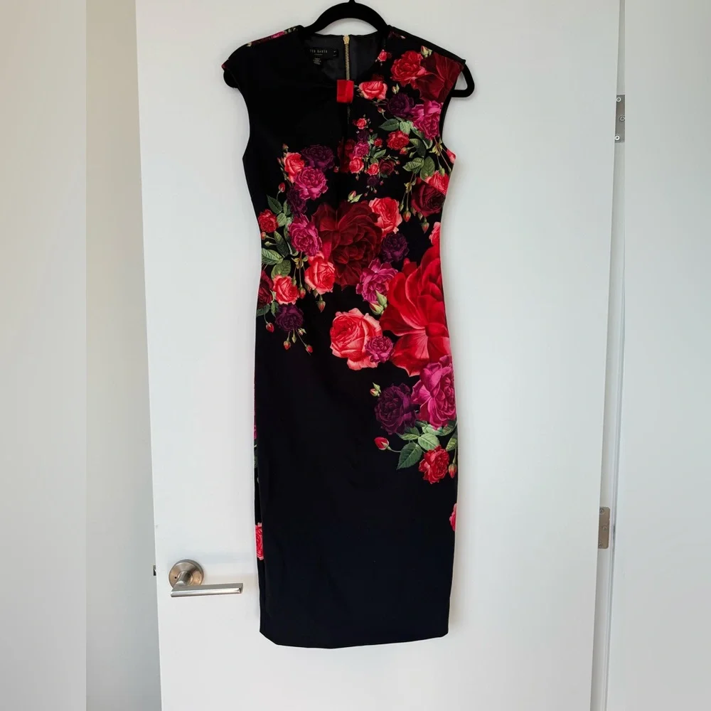 Ted Baker London Mirrie Floral Black Midi Dress sz 1 - Picture 9 of 11